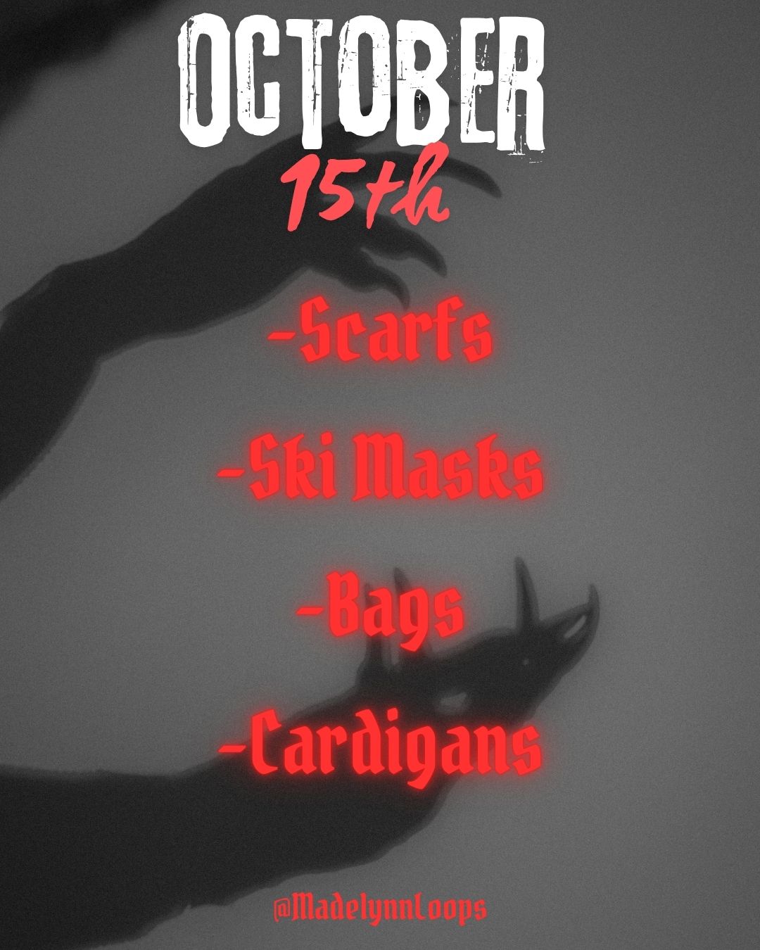 Fall collection featuring scarves, ski masks, bags and cardigans